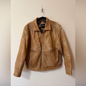 J Walden Mens Brown Leather Full Zip Bomber Jacket Sz L Flannel Lined Distressed